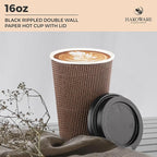 [340 SET]Harvest Pack 16 oz Disposable Coffee Cups, Insulated Ripple Double-Walled Paper Cups with Lids, Brown Geometric, Bulk Drinking Cups for Tea Hot Chocolate Drinks To go coffee cups