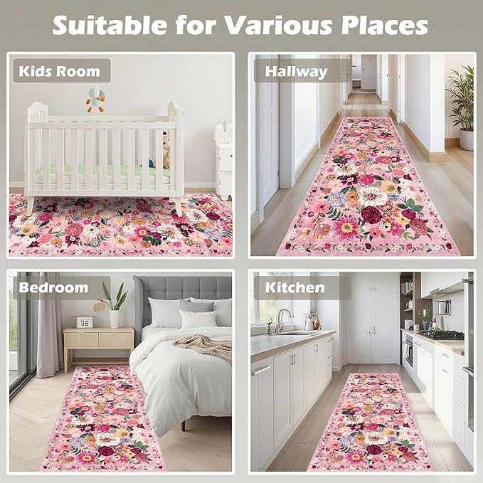 Pink Rug for Hallways Kitchen Runner Rug 2x8 | Non Slip Washable Rugs - Image 3