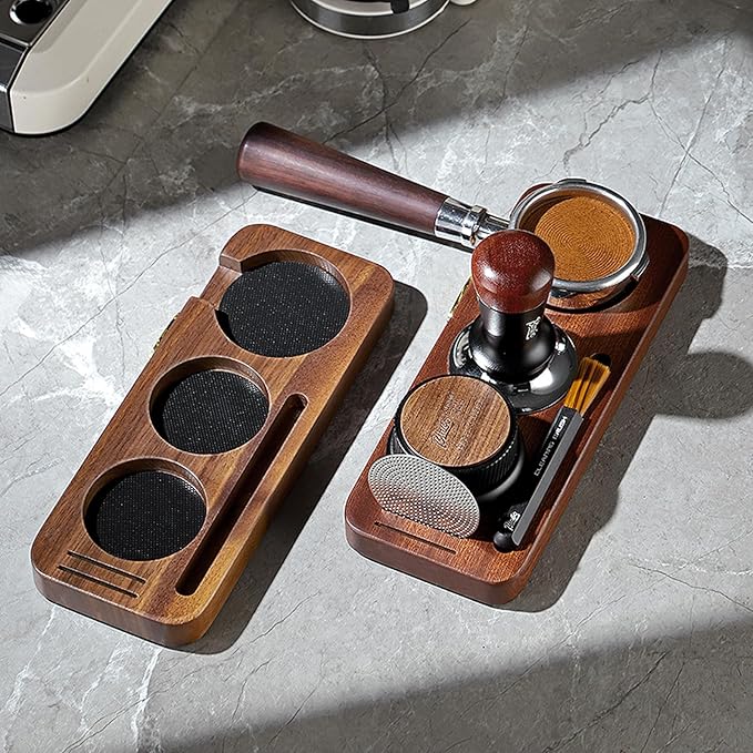 Bincoo 51/53mm Espresso Tamping Station - Sapele Coffee Bar Organizer with Non-Slip Mat, Multi-Slot Design for Counter, Holds Tamper,Distributor, Basket Holder