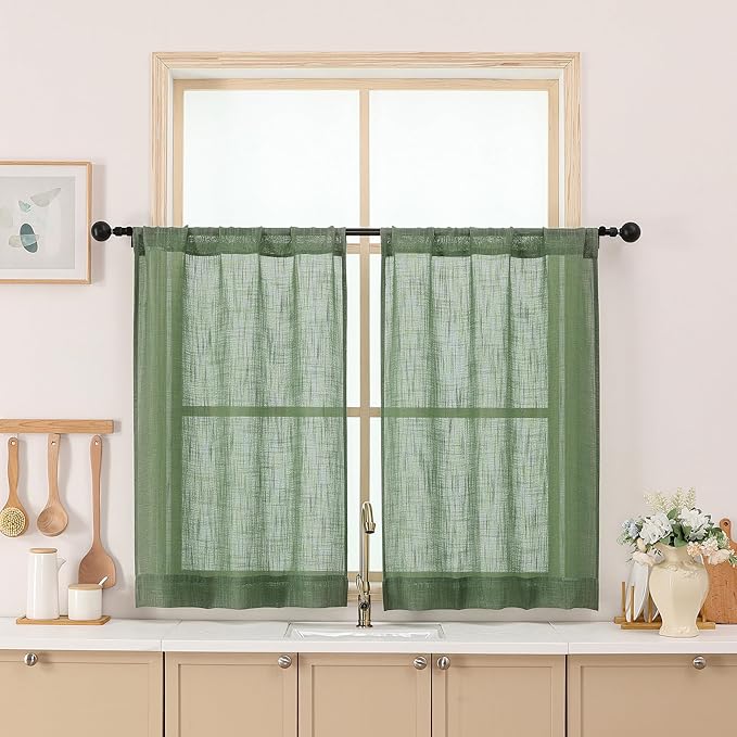 Chyhomenyc Sage Green Semi Sheer Curtains 36 Inch Length, Light Filtering Faux by Chyhomenyc