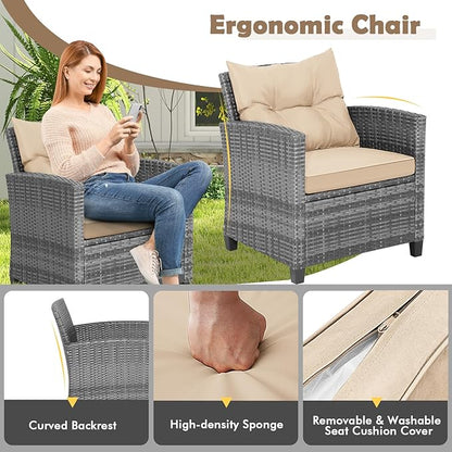 COSTWAY 3PCS Patio Furniture Set, PE Rattan Wicker Sofa w/Washable Cushion and - Image 5