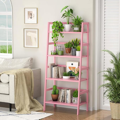 Homykic Bamboo Ladder Bookshelf, 4-Tier Ladder Shelf Open Book Shelf - Image 2