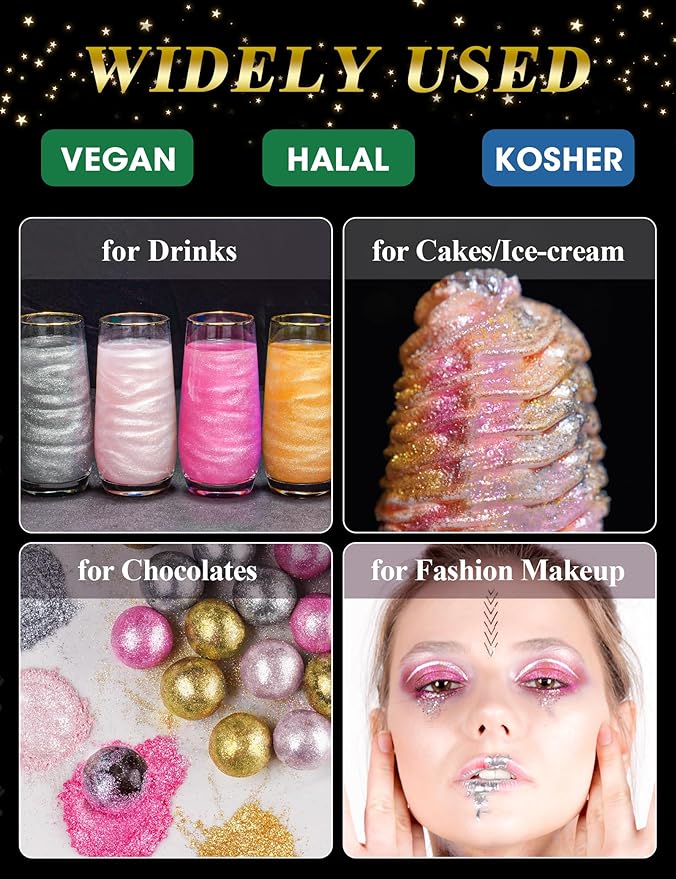 NiHome Edible Luster Dust Glitter Powder Fancy Metallic Sprinkles, Glimmer Luster Dust 4 Bottles of 0.18oz/5g for Decorating Drinks Cakes in Bakeries, Allergen-Free Food Coloring (4 Colors 20g)