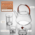40oz Glass Teapot with Anti-Drip Spout, Peach Wood Handle and Lid, Heat-Resistant Borosilicate Glass, Dual Infusers for Steaming and Boiling