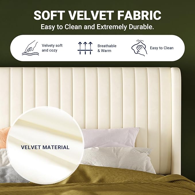 Allewie Queen Size Velvet Bed Frame/Vertical Channel Tufted Wingback - Image 6