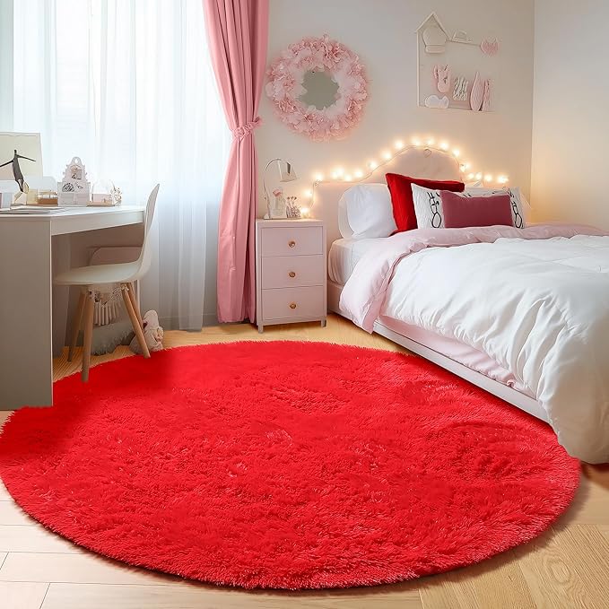 Red Round Area Rug 4ft, Soft Bedroom Circle Rugs Floor Mat - Image 5