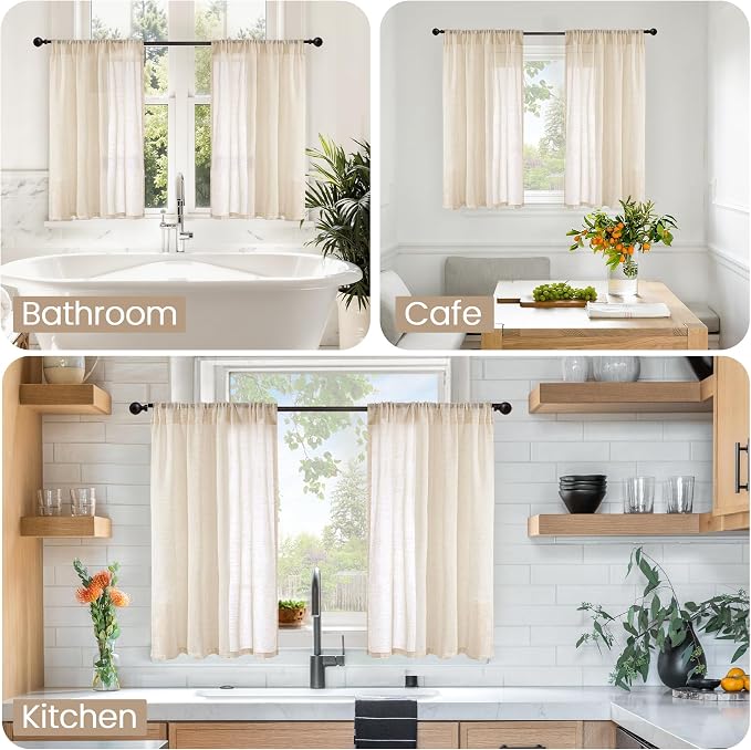 BGment Natutal Linen Cafe Curtains 30 Inch Length, Farmhouse Kitchen Window - Image 2