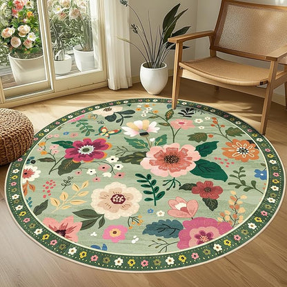 RELEANY Floral Washable Round 4ft Area Rug LightGreen | Flower Carpet Print - Image 2