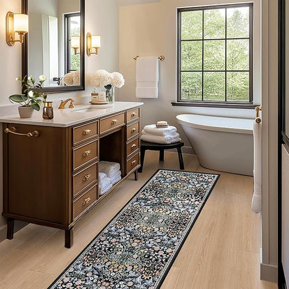 PLHXFR 2x5 Washable Runner Rug：Floral Indoor Kitchen Carpet Dark Black | - Image 6