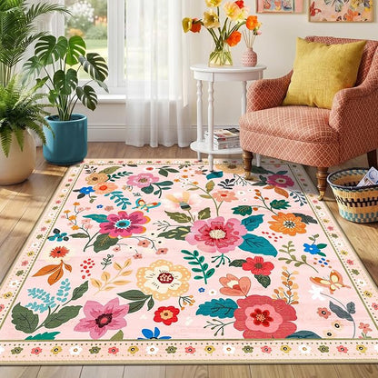 RELEANY Floral Washable Square 4ft Area Rug Pink | Flower Carpet Print Boho - Image 6