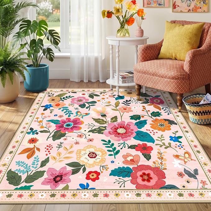 RELEANY Floral Washable Square 6ft Area Rug Pink | Flower Carpet Print Boho - Image 9