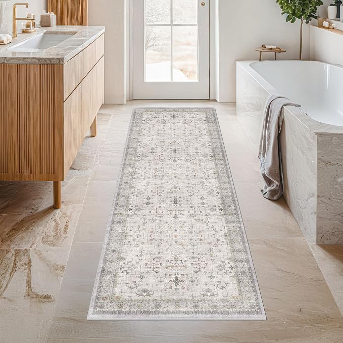 Washable Light Gray & Sage 2'6"x8' Wide Runner Rugs - Image 3