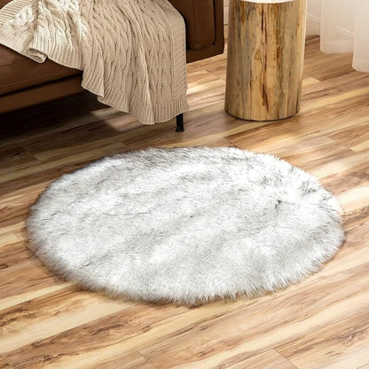 Latepis Grey and White Small Round Rug 3ft Faux Sheepskin Fur Circle Rug - Image 7