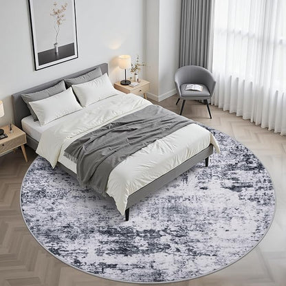 Round Area Rug Living Room: 5 ft Modern Washable Carpet Grey | - Image 7