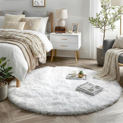 Amdrebio White Furry Round Circle Rug 6Ft by Amdrebio