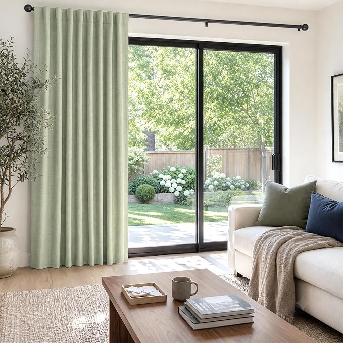 Faux Linen Total Blackout Sliding Door Curtains 84 Inches Long, Sage Green | - Image 5