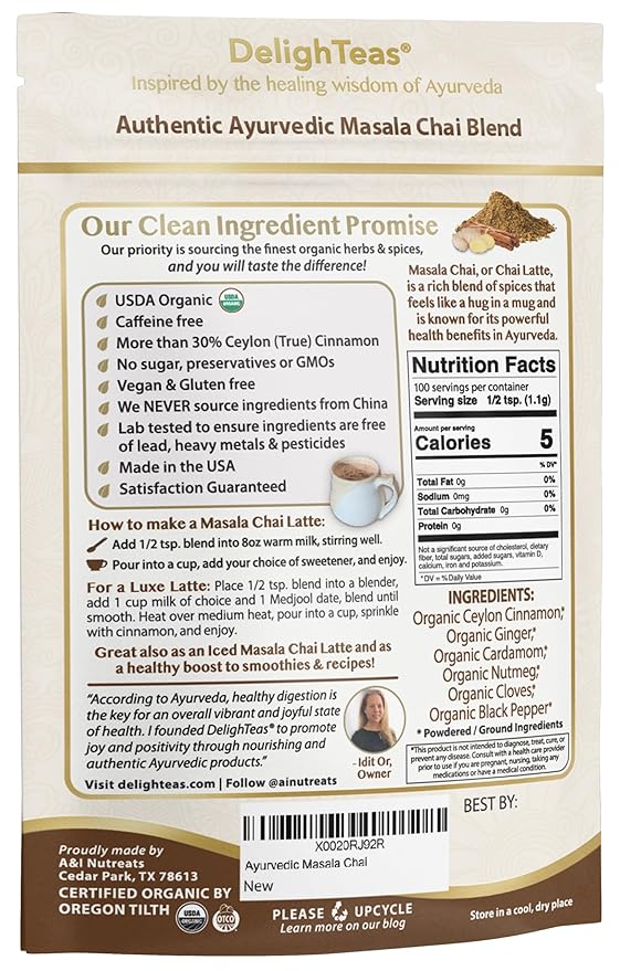 DelighTeas Organic Masala Chai Powder | Caffeine free, Unsweetened, Vegan, Keto | Ayurvedic Digestive Support blend for Chai Spice Tea | 100 Servings, 4oz