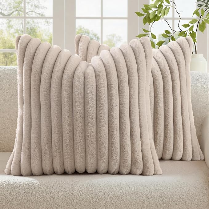 decorUhome Fall Faux Fur Throw Pillow Covers 22x22 Set of 2 Tan | Decorative by decorUhome