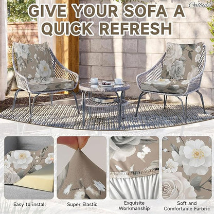 CALBODE 8Pcs Stretch Patio Cushion Cover, Vintage Floral Printed Couch & Sofa - Image 3