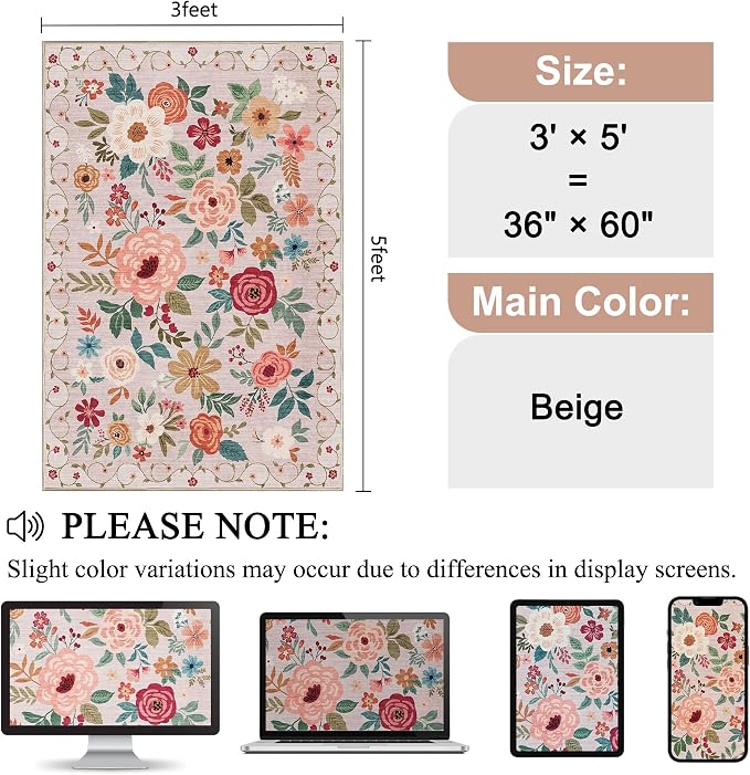 DUKINO 3x5 Area Rug, Floral Washable Rug - Image 2
