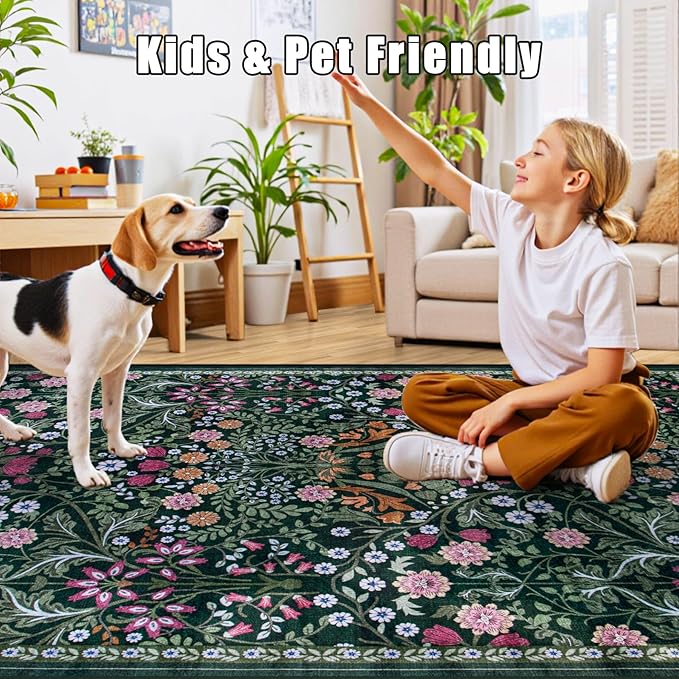 PLHXFR 2.6x10 Washable Runner Rug：Floral Indoor Kitchen Carpet Dark Green | - Image 6