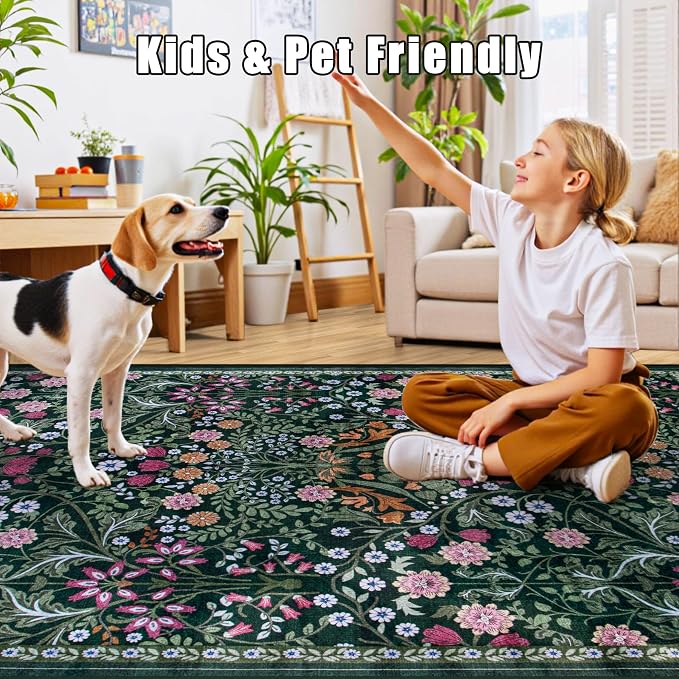 PLHXFR Area Rug Living Room: 5x7 Floral Washable Boho Carpet Dark Green | - Image 8