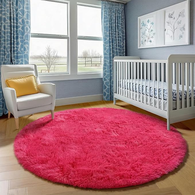 Hot Pink Round Rugs 5ft for Bedroom Living Room, Fluffy Circle Area Rug for - Image 7