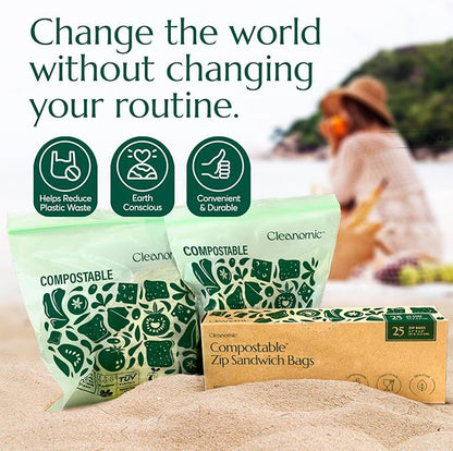 Cleanomic Compostable* Sandwich Size Food Storage Bags (25 Eco Zip) Freezer and Leak Proof, Also Available Gallon, Quart and Snack Size Bags