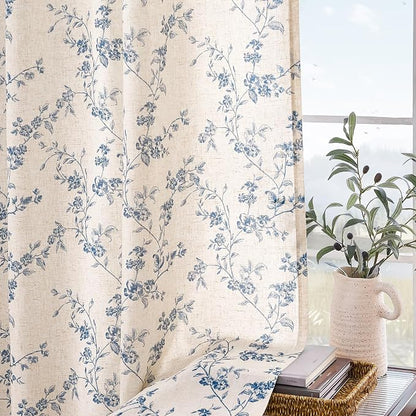 Blue Vintage Floral Linen Curtains Farmhouse 38W X 96L 2 Panels | Elisa Series - Image 8