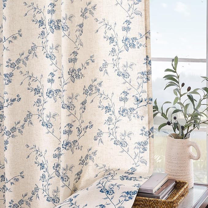 Blue Vintage Floral Linen Curtains Farmhouse 50W X 96L 2 Panels | Elisa Series - Image 8