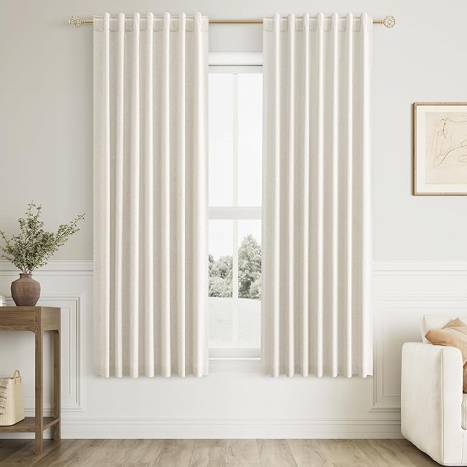 100% Blackout Linen Curtains for Bedroom 63 Inches Long Natural Cream Black Out by Guken