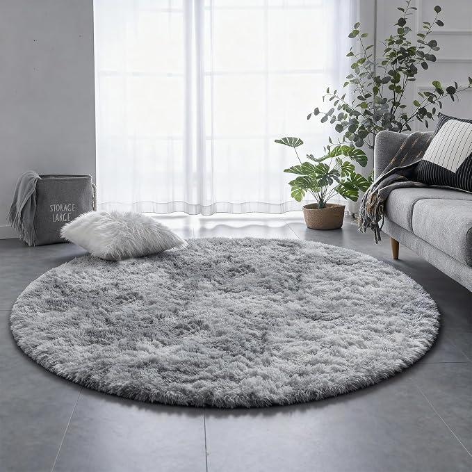 Amdrebio Tie-Dyed Light Grey Big Shag Round Rug 6Ft - Image 8
