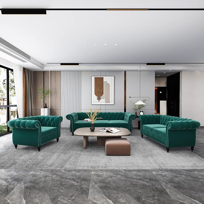 3 Piece Living Room Set, Velvet Chesterfield Sofa Loveseat Couch Chair - Image 3