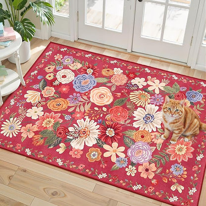 Red Floral Area Rug 2x3 for Bedroom Kitchen | Ultra-Thin; Boho Style; Low Pile; by WelcometoBabovid