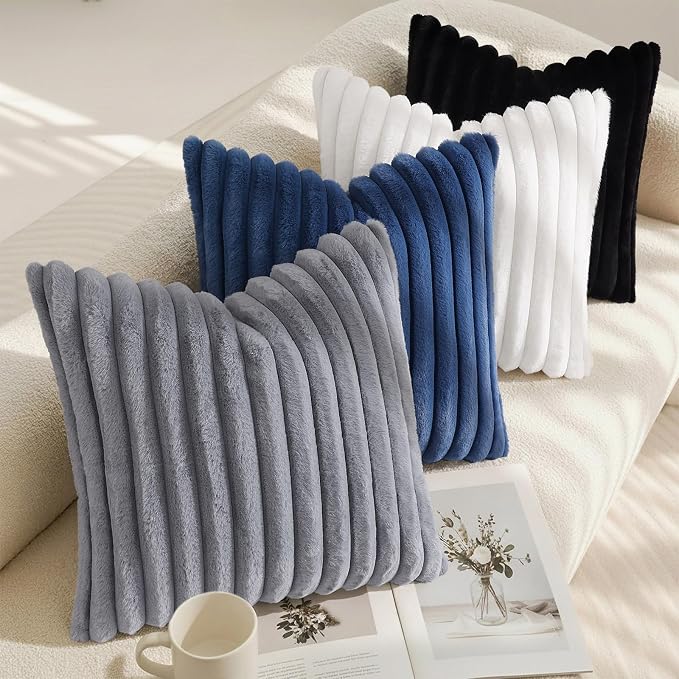 decorUhome Fall Faux Fur Throw Pillow Covers 12x20 Set of 2 Navy Blue | - Image 7