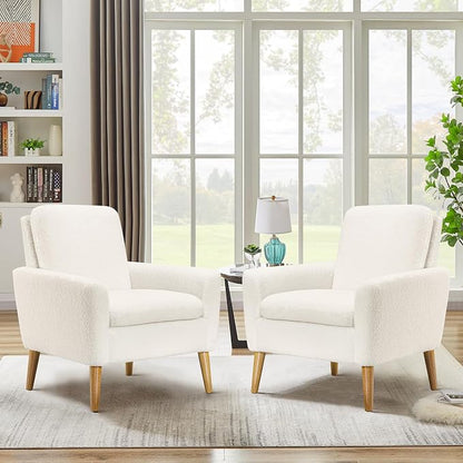 White Accent Chair Set of 2 for Living Room, Fluffy Comfy Reading Leisure - Image 8