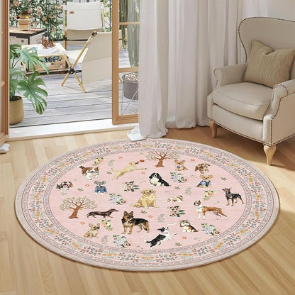 Pink 4Ft Round Dogs Area Rug for Living Room Bedroom | Stain Resistant; Non - Image 5
