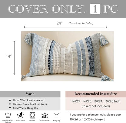 Decorative Lumbar Throw Pillow Cover 14x24 Boho Coastal Blue Accent Cushion - Image 5