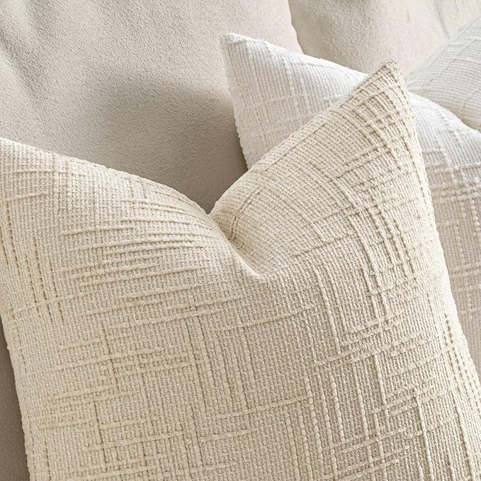 MIULEE Chenille Textured Euro Throw Pillow Covers Beige 22x22 Set of 2 | Slubby - Image 3