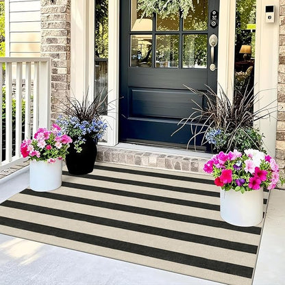 Black and White Striped Entry Rug, 3x5 Non-Slip Indoor Outdoor Rugs | Washable - Image 7