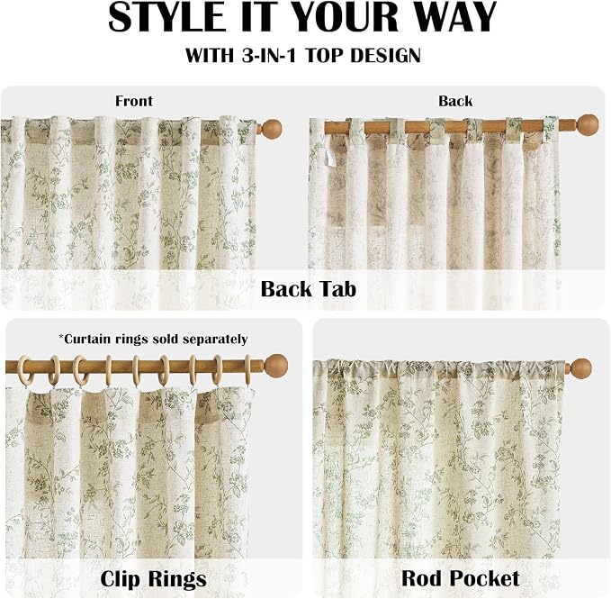 Extra Long Green Vintage Floral Linen Curtains Farmhouse 2 Panels | Elisa - Image 5