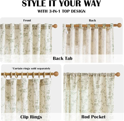 Extra Long Green Vintage Floral Linen Curtains Farmhouse 2 Panels | Elisa - Image 5