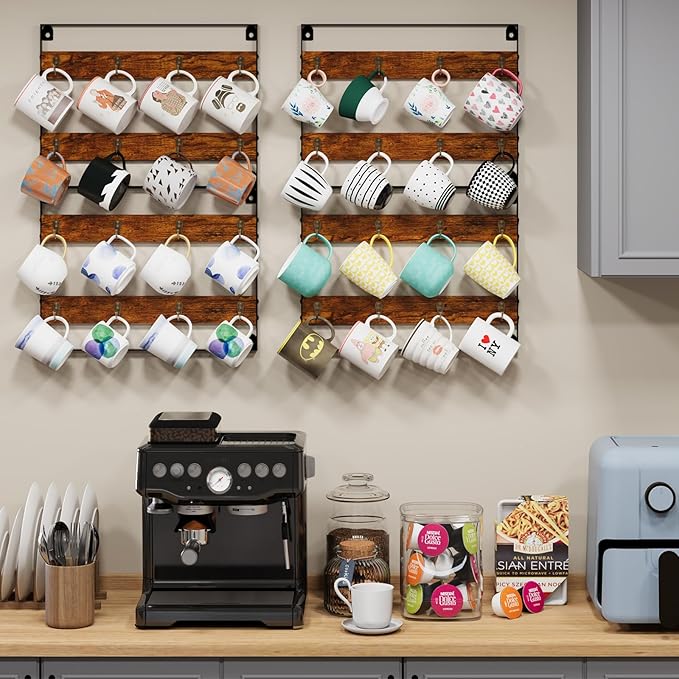 Mug Racks for Wall, Coffee Mug Holder Wall Mount Up to Hold 24 Mugs, Coffee Mug Rack Wall Mounted（3Pack） for Kitchen, Home, Coffee Bar, Rustic Wood and Iron