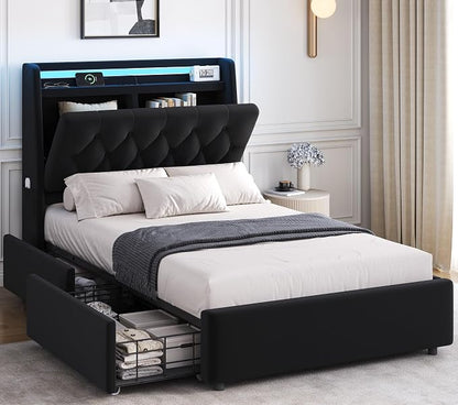 Twin LED Velvet Bed Frame with 2 Storage Drawers&Hidden Headboard, Upholstered by JOCOEVOL