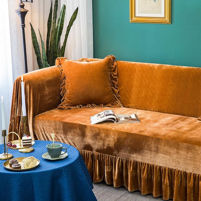Velvet Sofa Cover Soft Decorative Luxurious Solid Exquisite Ruffle Trim - Image 4