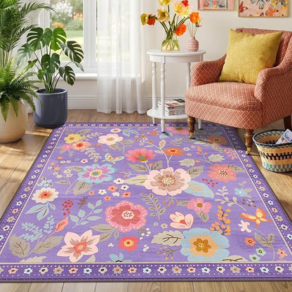 RELEANY Floral Washable Square 4ft Area Rug Purple/Pink | Flower Carpet Print - Image 6