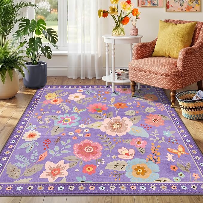 RELEANY Floral Washable Square 5ft Area Rug Purple/Pink | Flower Carpet Print - Image 2