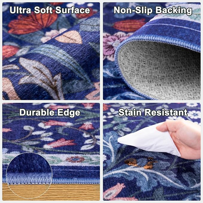 PLHXFR 2.6x10 Washable Runner Rug：Floral Indoor Kitchen Soft Carpet Blue | - Image 7
