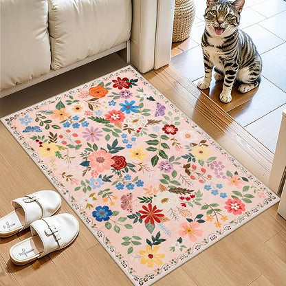 PLHXFR 2x3 Small Entryway Rug: Floral Washable Indoor Soft Carpet Beige | - Image 2