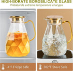 Yirilan Glass Pitcher,74oz/2.2 Liter Water Pitcher with Lid,Beverage Serveware,Iced Tea Pitcher,Water Carafe Handle,Heat Resistant Borosilicate Jug（with Mixing Spoon and Cup Brush）
